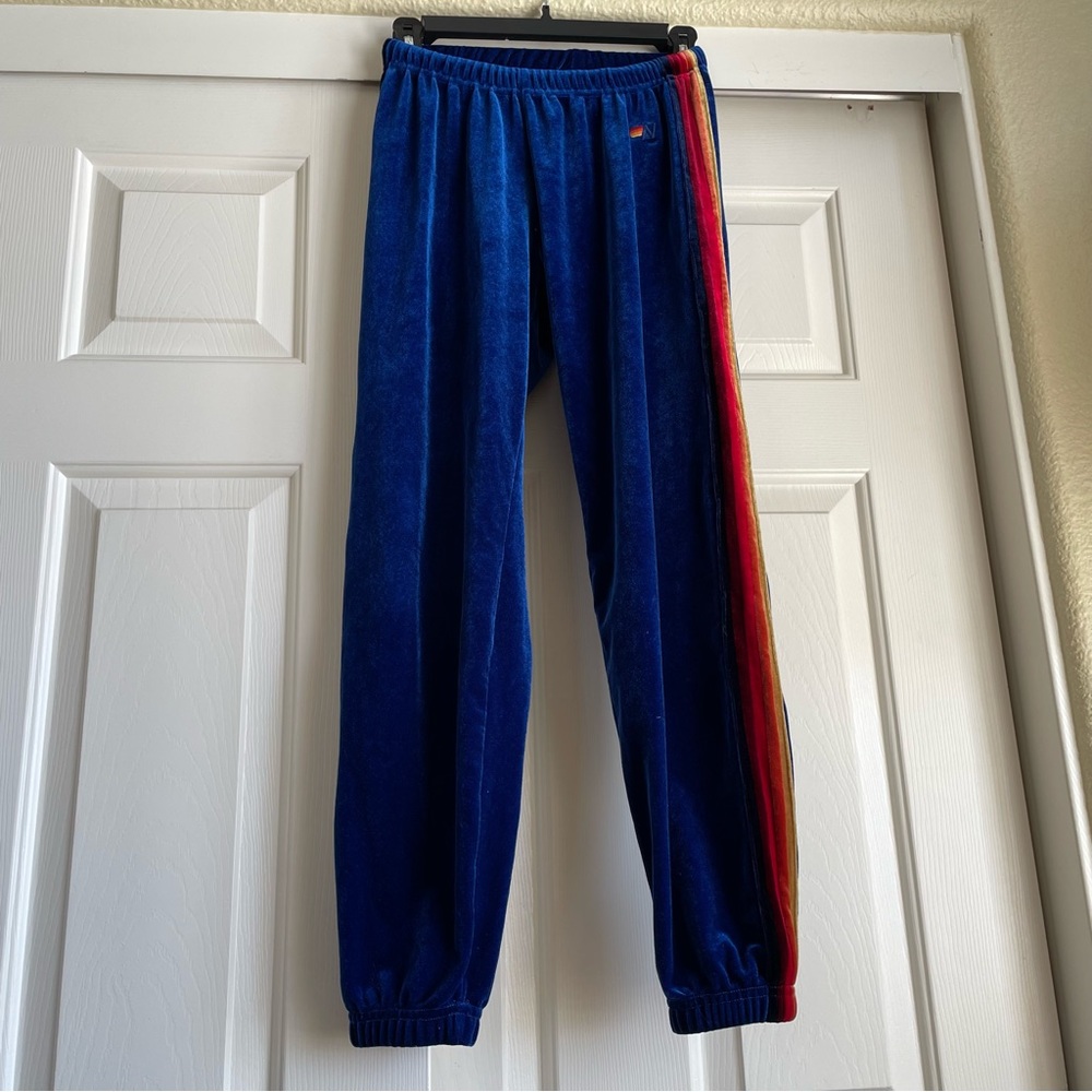 ⚡️⚡️🌈AVIATOR NATION 5 Stripe Blue Velvet & Velour Sweatpants🌈⚡️⚡️ Sz XS